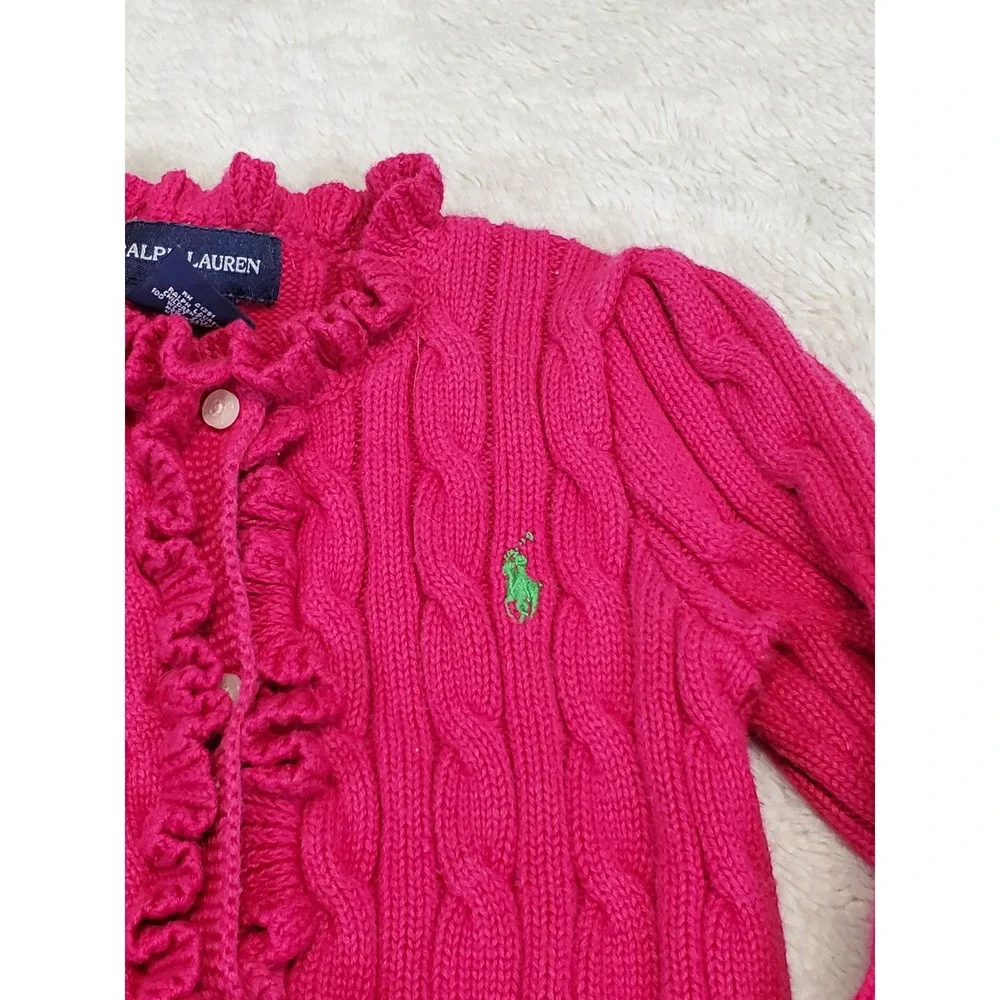 Ralph Lauren Bright Pink Cable Knit Button Ruffle Cardigan 2 2T Preppy Classic